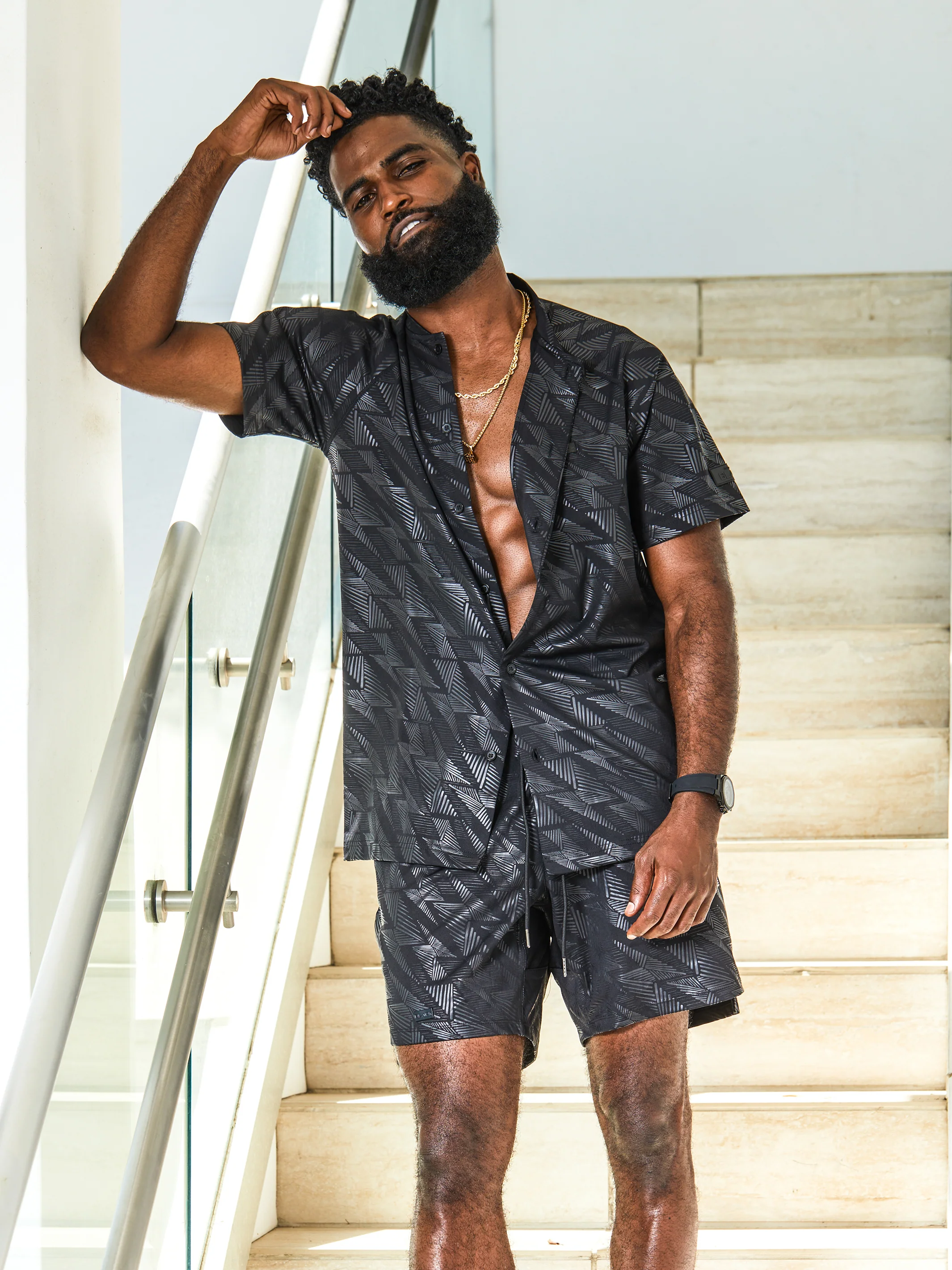Men's Short Sleeve Button Up Top BLACK CAMO - Image 3