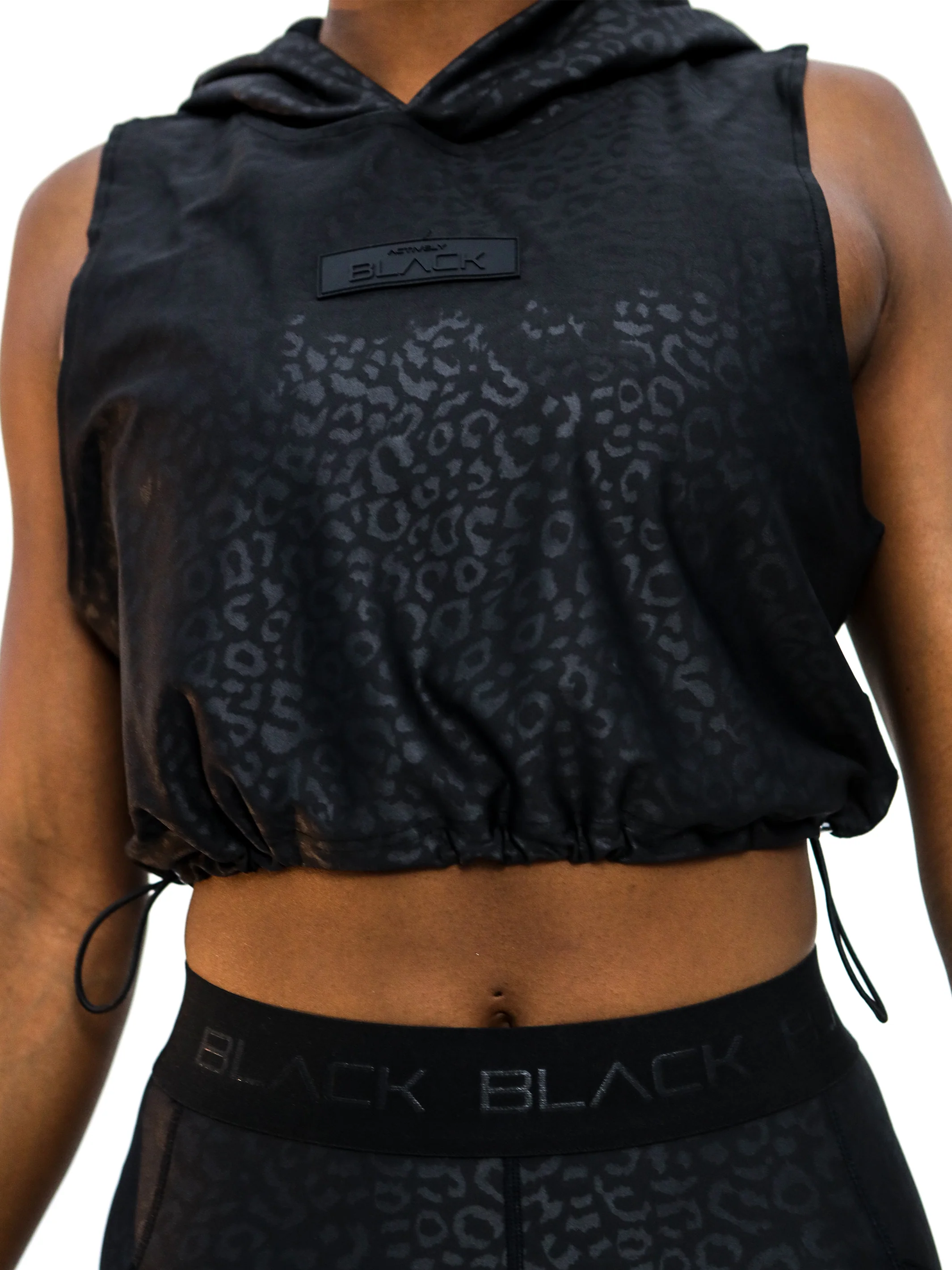 Women's Black Leopard Sleeveless Crop Hoodie - Image 3