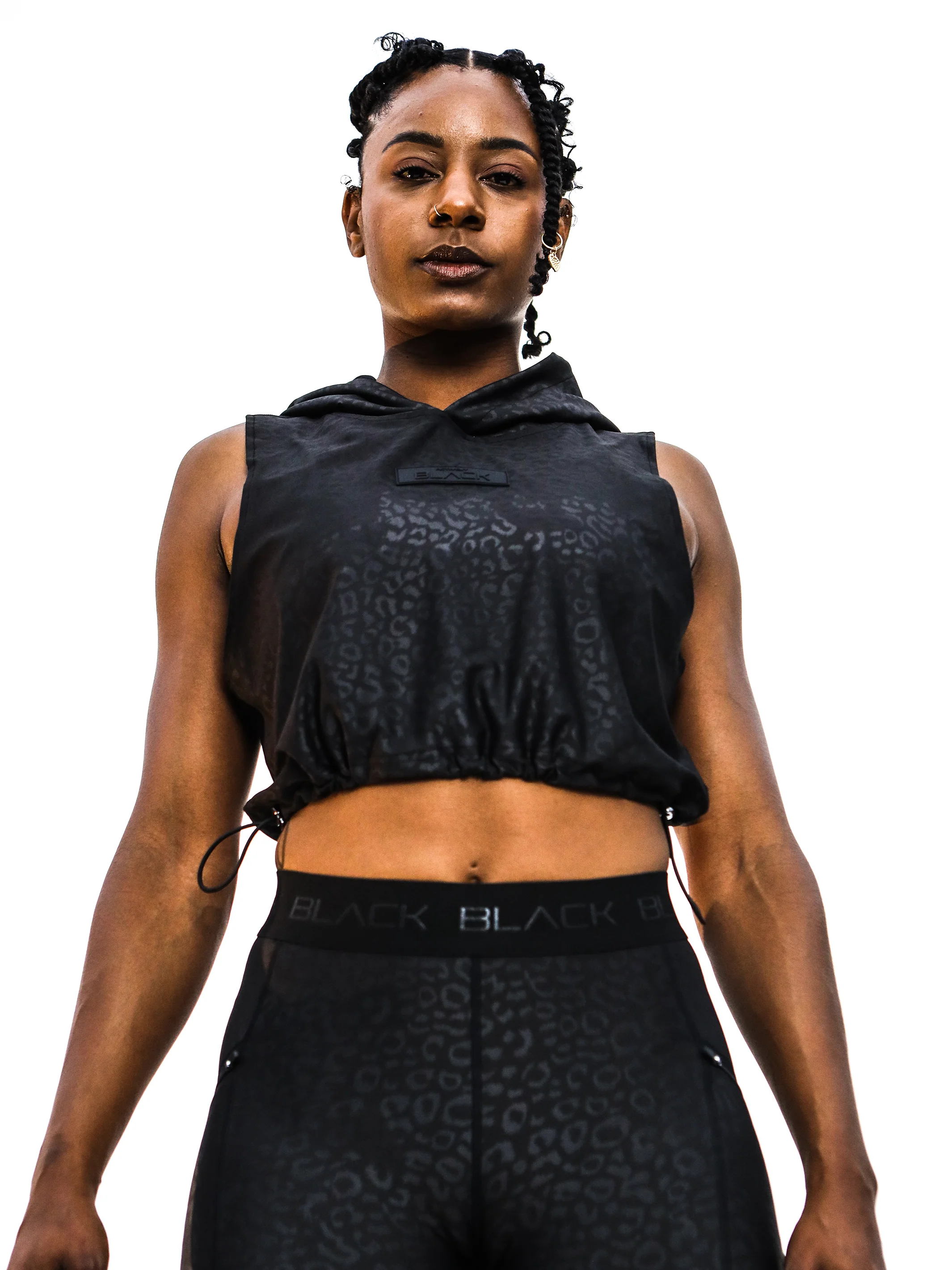 Women's Black Leopard Sleeveless Crop Hoodie - Image 5