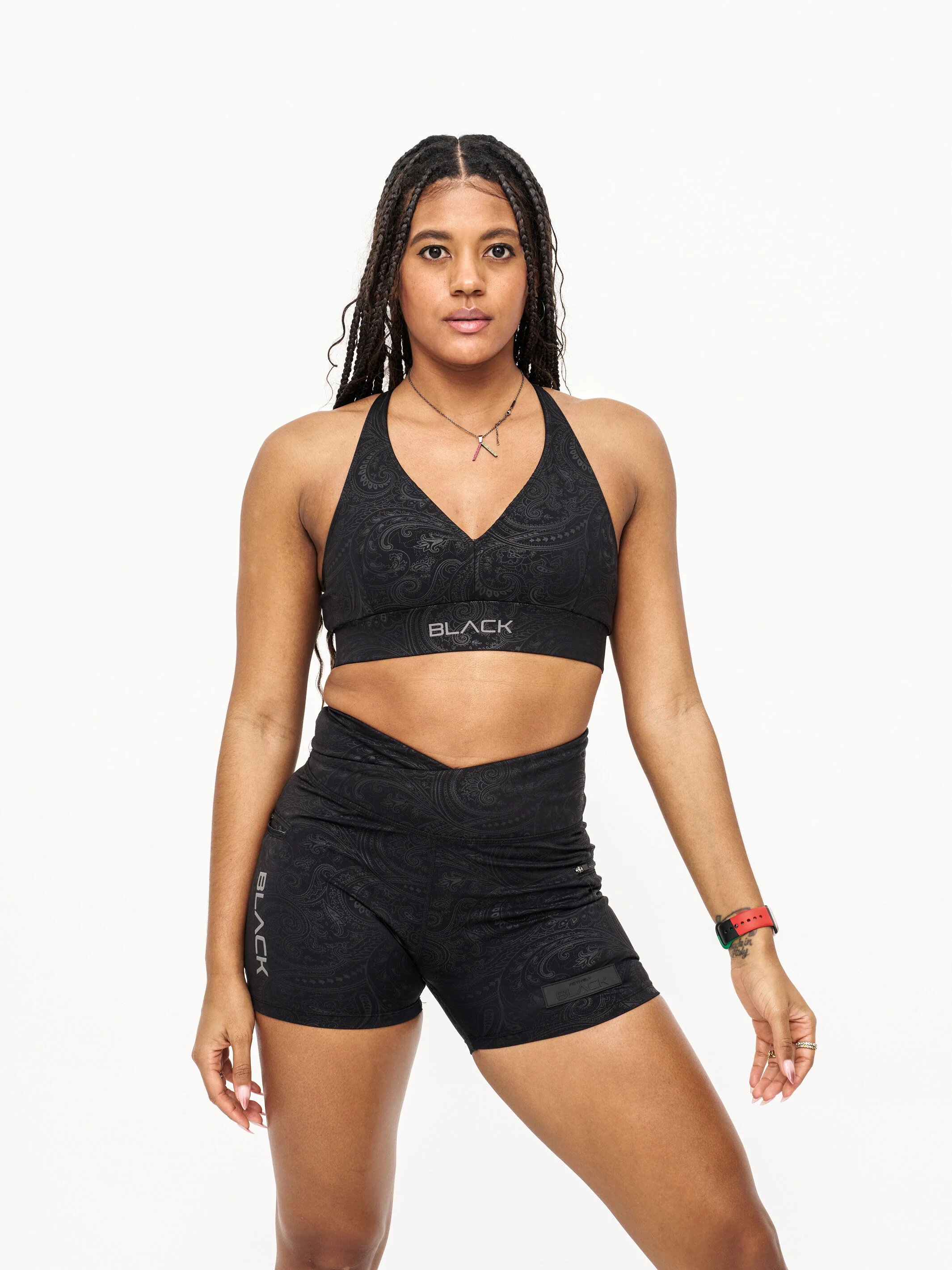 Women's Black Paisley V Cut Biker Shorts - Image 11